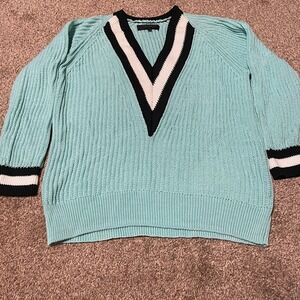 Rag & Bone Aqua Blue V Neck Striped Trim Knit Sweater Size M